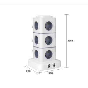 White tower power strip with 12 AC outlets and 4 USB ports, 2500W, 1.7m cable - Extension Cord