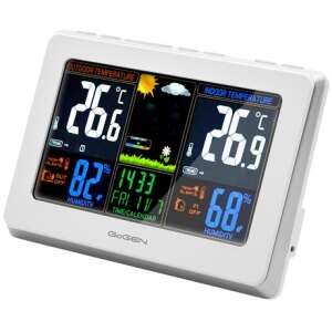 GoGEN ME3257 weather station with color LCD display showing indoor and outdoor temperature, humidity, time, date, and weather forecast - Weather Station