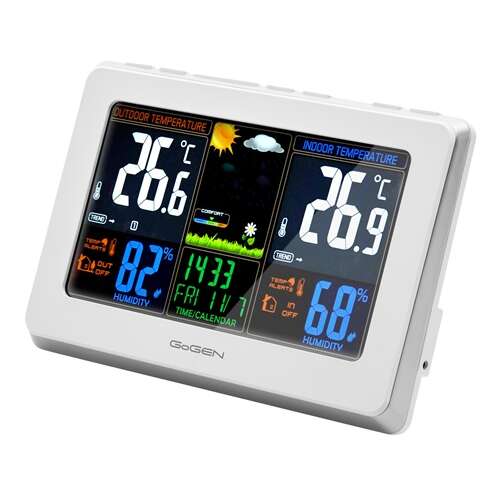 GoGEN ME3257 weather station with color LCD display showing indoor and outdoor temperature, humidity, time, date, and weather forecast