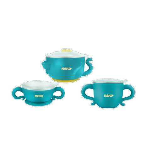 Zestaw obiadowy Neno Polpo dla niemowląt i małych dzieci, 3 miski, 2 łyżki, 2 widelce, pokrywki, przyssawka