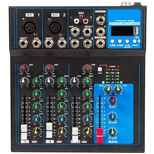 4-channel audio mixer with USB MP3 player, echo effect, and jack connector for effect processors
