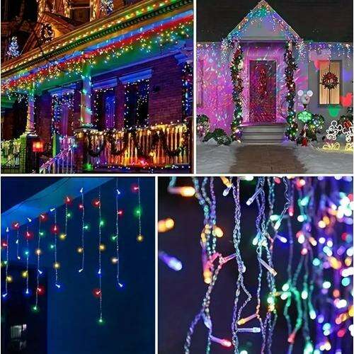 Különböző felhasználási módok kollázsa színes jégcsap karácsonyi fényfüzérrel