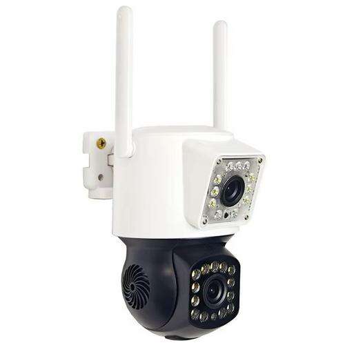 Okos Otthon WIFI PTZ Megfigyelő Kamera 2 Lencsével Full HD Éjszakai Látás Mozgásérzékelés, white security camera with two lenses, one fixed and one rotating, with night vision and motion detection