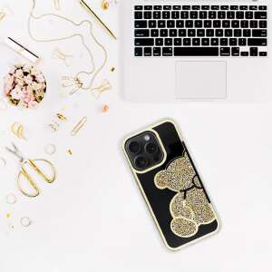 Teddy Bear Hülle iPhone 16 Pro - gold, schwarze Handyhülle mit goldenen und silbernen Strasssteinen, Teddybär-Design, auf weißem Hintergrund - Handyhüllen