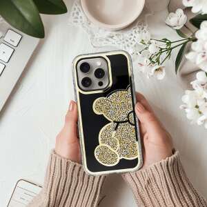 Teddy Bear iPhone 16 Pro Max Hülle mit goldenem Glitzer und Bären-Design - Handyhüllen