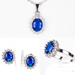 Arany Bevonatú Szett Kék Emporia® Kristállyal és Fehér Emporia® Kristállyal ( Nyaklánc+Fülbevaló+Gyűrű+Medál ), LGP0185/54 145074985 - Női kiegészítő