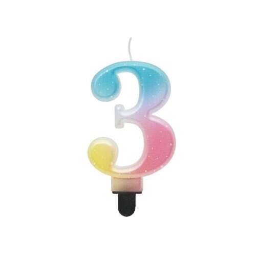 Lumânare de ziua de naștere cu numărul 3 cu sclipici curcubeu