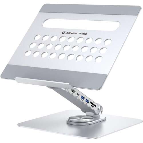 Stojak na laptopa Conceptronic DONN27G, srebrny, regulowany, z portami USB