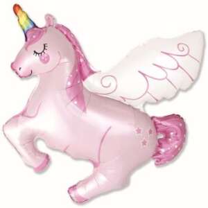 Rosa Folienballon in Form eines Einhorns mit Regenbogenhorn und Flügeln - Luftballons