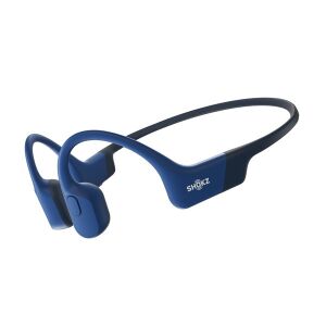Shokz OpenRun blue bone conduction headphones angled view on white background - Headphone and Bluetooth Speaker