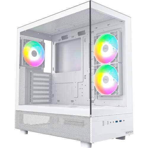Montech XR Midi Tower számítógépház, fehér, edzett üveg oldalsó panellel, RGB ventilátorokkal és elülső hálós panellel - Számítógépház
