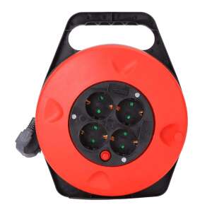 Red 15m retractable power extension cord with 4 sockets, overload protection, child safety shutters - Lamp & Lighting