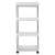Fehér 4 szintes gurulós polc rozsdamentes acél vázszerkezettel, elülső nézet, üres