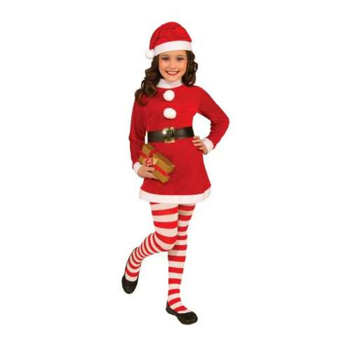 Mikulás lány jelmez 7-9 éves lányoknak, tartalmaz ruhát, sapkát, övet és harisnyát