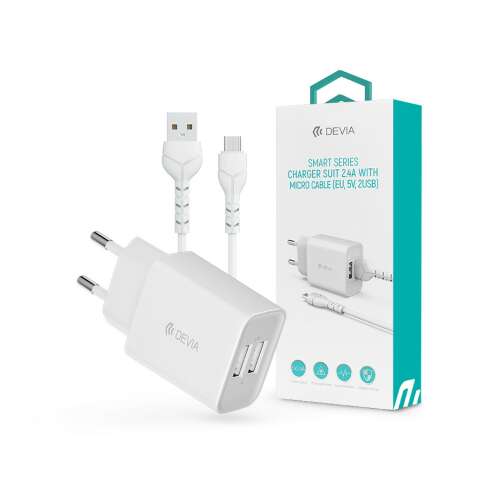 Devia Smart Series töltő készlet micro kábellel, 2xUSB hálózati töltő adapter 1m-es micro USB kábellel, 5V/2.4A, fehér - Devia