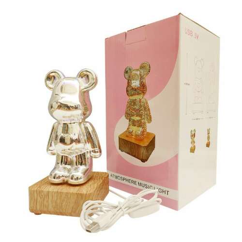 BEAR LED 3D table lamp with USB cable, glass bear figurine on wooden base, 8 color changing light, modern home decor