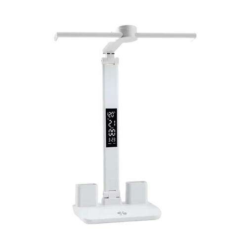White LED desk lamp with built-in battery, date, time, and temperature display, adjustable lighting angle