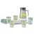 Cheffinger 6 piece glass tumbler set with pitcher, set on a table with books