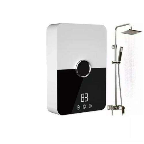 Ryk001 elektromos átfolyós vízmelegítő zuhanyrózsával, fehér és fekete, digitális kijelző