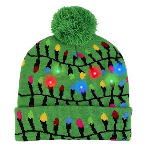 Green Christmas light beanie hat with LED lights, unisex, one size