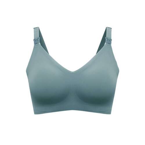 Seamless and wireless nursing bra in dark green, size L, front view, showing the bra's overall shape and design