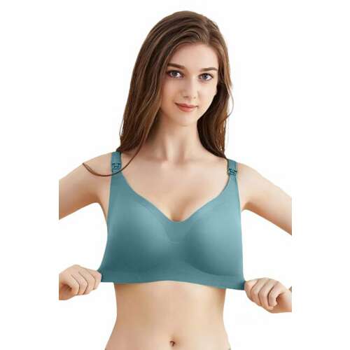 Nahtloser und drahtloser Still-BH in dunkelgrün, Größe XL, zeigt den BH, der zum einfachen Stillen heruntergezogen wird