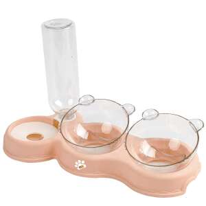 Double Orthopedic Cat Bowl with Automatic Water Dispenser, Linomag®, 500ml, 37x24x15 cm, Salmon