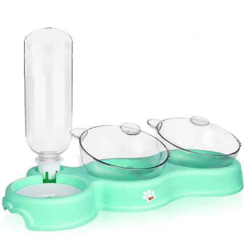 Linomag double elevated cat bowl with automatic water dispenser, pistachio green