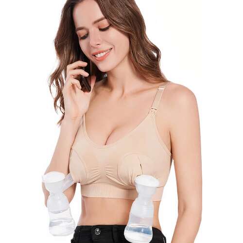 Sutien Linovit pentru pompare hands-free, bej, marime M-L, confortabil, bretele reglabile, compatibil cu majoritatea pompelor, sutien pentru alaptare