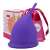 Purple menstrual cup with packaging and drawstring bag