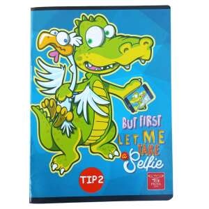 Linomag® Tip 2 notebook for elementary school, A5 size, 24 pages, 70 g/m², multi-colored, featuring a crocodile with a chicken on its back taking a selfie - Linomag
