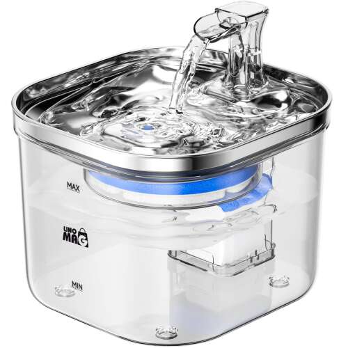 Fontána na vodu Linomag® pre mačky a psy, z nehrdzavejúcej ocele, 2L, priehľadná