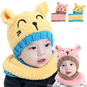 Baby girl and boy winter hat and scarf set with cat design, yellow and blue colors - Babies & Toddler