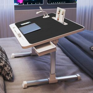 Linomag® Multifunctional Adjustable Folding Laptop Table with Book Support, Tablet Stand, Storage Drawer, 40cm x 27cm ~ 40cm, Black/White