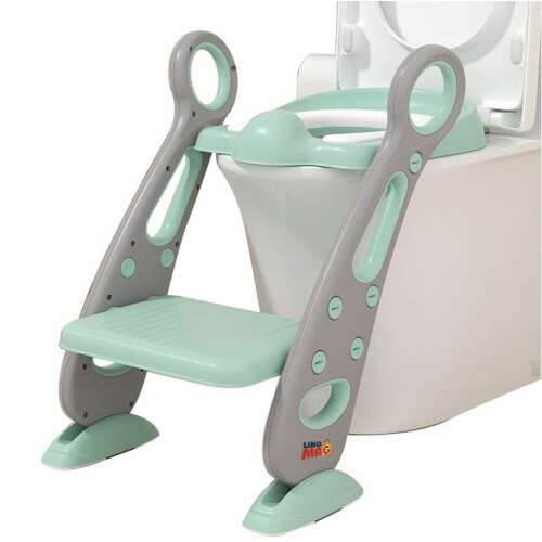 Linomag® Toilettensitz mit Leiter, Grau / Mint, Höhenverstellbar, Faltbar, Weiche Polster, für O, V, U-förmige Toiletten, auf einer Toilette