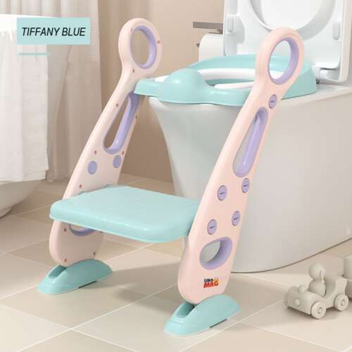 Linomag® WC reducer with ladder for kids, adjustable height, foldable, pink and blue, placed on a toilet