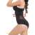 Black high waist shaping panty with mesh inserts, side view with arrows showing shaping effect