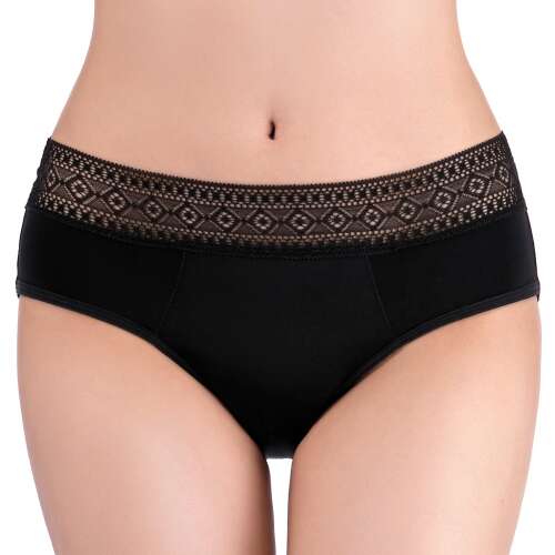 Black period underwear with geometric lace waistband, XS size