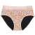 Citrus model menstrual underwear in pink with orange print and lace trim, showing the black absorbent layer