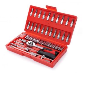 Kraft&Dele KD10525 46-piece socket wrench set open in red case angled view - Tool Set