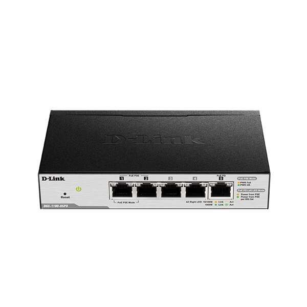 D-Link DGS-1100-05PDV2 Switch 5x1000Mbps(2xPOE) Fémházas Asztali...