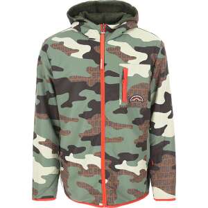 Sprayground Double Teddy Nylon Jacke in grünem Camouflage-Druck mit orangefarbenem Reißverschluss und Hai-Logo - Herrenbekleidung