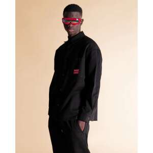 Sprayground Men's Black Cotton Shirt Jacket, Total, with red shark logo patch - Men's jacket