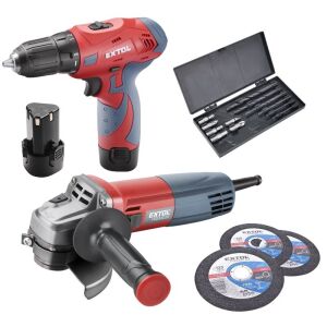 Extol Premium 12V Cordless Drill, Angle Grinder, and Accessories Set - Extol