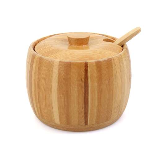 Wooden sugar or salt dispenser with lid and spoon, 8 cm