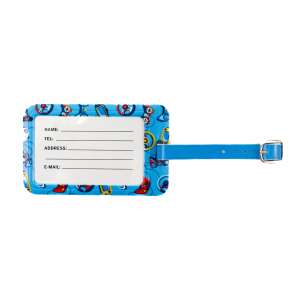 Blue luggage tag with joystick pattern, Ella Icon brand, for writing contact information - Luggage Tag