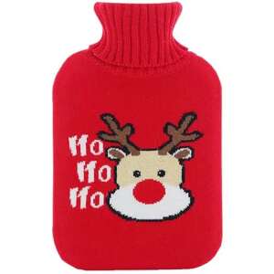 Piros rénszarvas mintás melegvizes palack kötött huzattal, 2 literes - Dekoráció