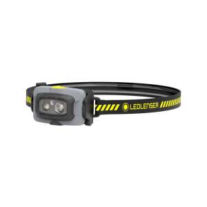 Lampă frontală LEDLENSER HF4R Work, gri și neagră, cu accente galbene, vedere înclinată - Ledlenser