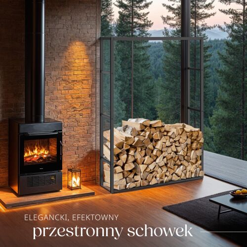 Tectake metal firewood rack filled with wood indoors