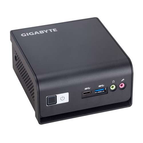 Gigabyte BRIX mini PC, fekete, elülső nézet, bekapcsoló gomb, USB portok, HDMI és Mini DisplayPort látható